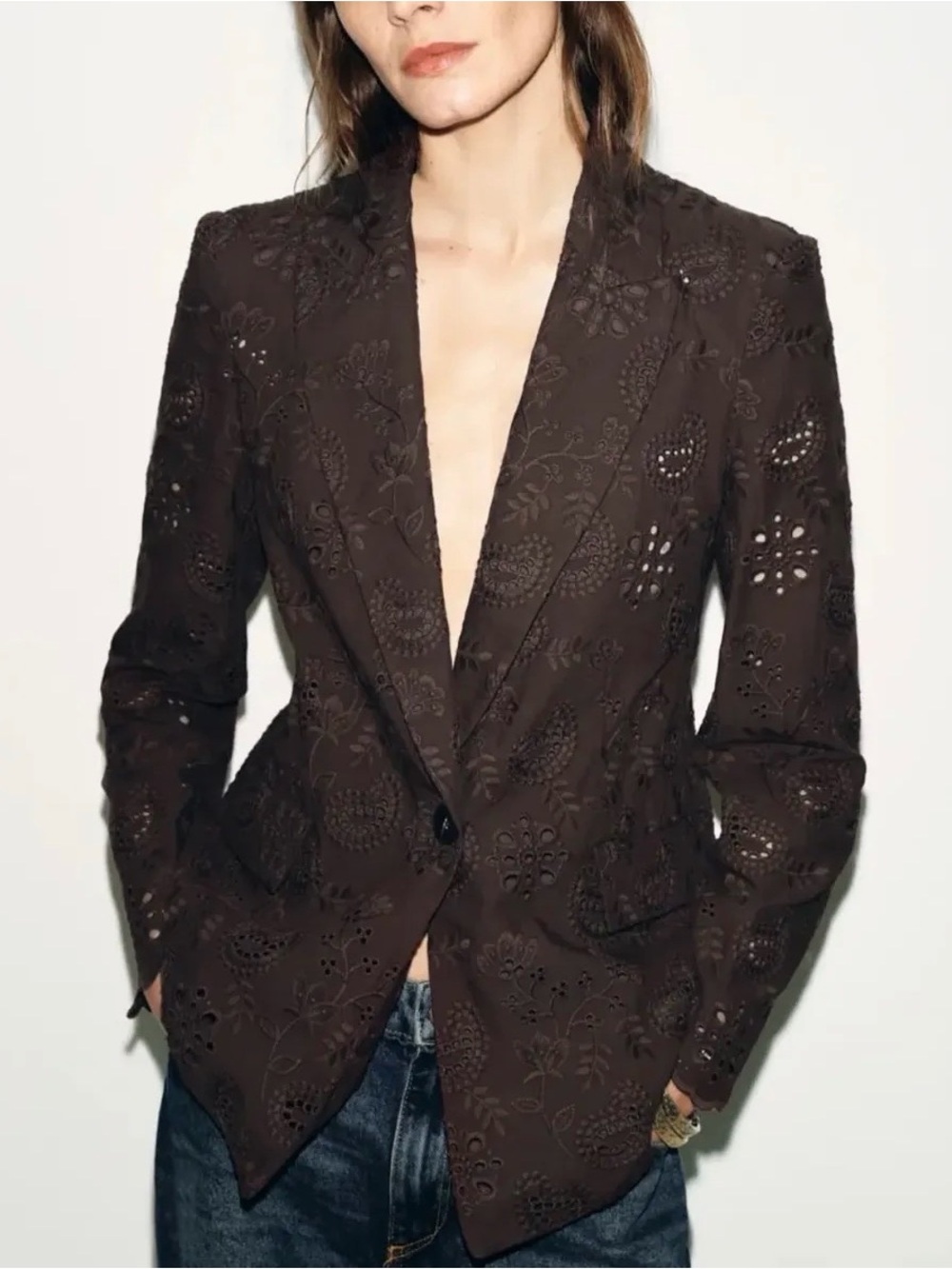 Zara Women's Brown Eyelet Blazer Jacket - Tailored Single-Button